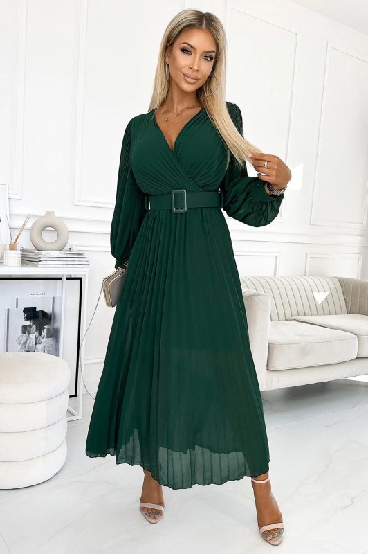 KLARA zelené dámské šaty s&nbsp;výstřihem a&nbsp;opaskem model 21729070 - numoco basic - Dámské saka
