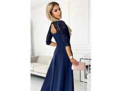 AMBER Tmavě modré elegantní dámské dlouhé krajkové šaty s výstřihem model 18012873 - numoco 8