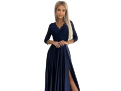 AMBER Tmavě modré dlouhé dámské šaty s výstřihem model 19006822 - numoco 2