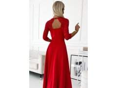 AMBER Elegantní červené dlouhé dámské krajkové šaty s výstřihem a rozparkem na noze model 19144269 - numoco 8