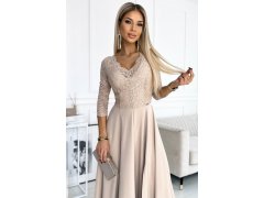 AMBER Elegantní béžové krajkové dlouhé dámské šaty s výstřihem a rozparkem na noze model 19314039 - numoco 3