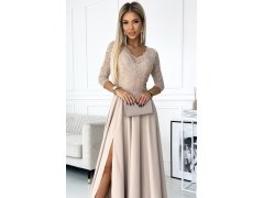 AMBER Elegantní béžové krajkové dlouhé dámské šaty s výstřihem a rozparkem na noze model 19314039 - numoco 4