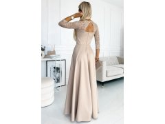 AMBER Elegantní béžové krajkové dlouhé dámské šaty s výstřihem a rozparkem na noze model 19314039 - numoco 5