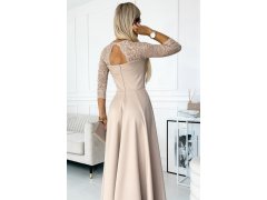 AMBER Elegantní béžové krajkové dlouhé dámské šaty s výstřihem a rozparkem na noze model 19314039 - numoco 6