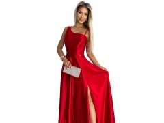 Elegantní dlouhé červené dámské saténové šaty přes jedno rameno model 19422253 - numoco 2