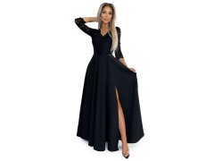 AMBER Černé elegantní krajkové dámské dlouhé šaty s výstřihem a rozparkem na noze model 19656016 - numoco 1