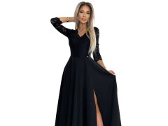 AMBER Černé elegantní krajkové dámské dlouhé šaty s výstřihem a rozparkem na noze model 19656016 - numoco 2