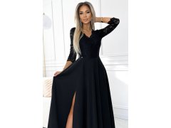AMBER Černé elegantní krajkové dámské dlouhé šaty s výstřihem a rozparkem na noze model 19656016 - numoco 4