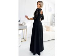 AMBER Černé elegantní krajkové dámské dlouhé šaty s výstřihem a rozparkem na noze model 19656016 - numoco 5
