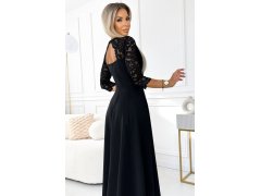 AMBER Černé elegantní krajkové dámské dlouhé šaty s výstřihem a rozparkem na noze model 19656016 - numoco 6