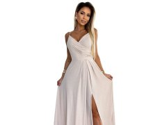 CHIARA Elegantní béžové dlouhé dámské maxi šaty na ramínkách s brokátem model 20085426 - numoco 2