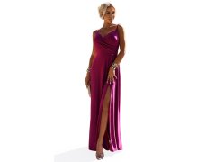 CHIARA Elegantní dlouhé dámské maxi šaty ve fuchsijové barvě s&nbsp;brokátem na ramínkách model 20106506 - numoco 1
