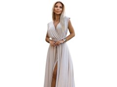 Elegantní béžové dlouhé dámské šaty s brokátem a s vázání model 20110813 - numoco 2