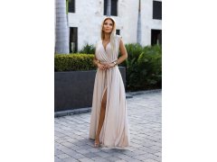 Elegantní béžové dlouhé dámské šaty s brokátem a s vázání model 20110813 - numoco 3