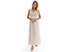 Béžové dámské plisované šaty se širokým opaskem a&nbsp;výstřihem model 22155666 - numoco basic 1