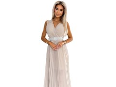 Béžové dámské plisované šaty se širokým opaskem a&nbsp;výstřihem model 22155666 - numoco basic 2