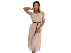 Béžové dámské plisované midi šaty s černým opaskem model 22590962 - numoco basic 1