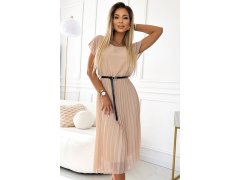 Béžové dámské plisované midi šaty s černým opaskem model 22590962 - numoco basic 3