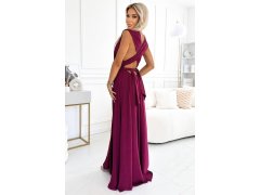 Elegantní dlouhé dámské šaty ve vínové bordó barvě s brokátem a se zavazováním model 20173914 - numoco 5