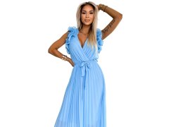 Světle modré dámské plisované šifonové midi šaty s&nbsp;výstřihem a&nbsp;volánky model 22401903 - numoco basic 2