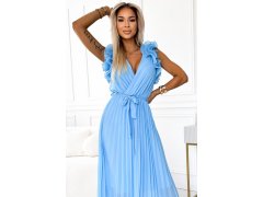Světle modré dámské plisované šifonové midi šaty s&nbsp;výstřihem a&nbsp;volánky model 22401903 - numoco basic 5