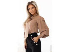 dámská halenka v karamelové barvě v stylu s dlouhými rukávy, vázáním a knoflíky model 20722306 - numoco 7