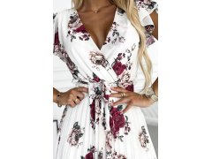 Plisované midi šaty s&nbsp;výstřihem a&nbsp;volánky ecru + vínové květy model 21097879 - numoco basic 7