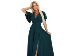 dlouhé šaty s rozparkem na rukávy a výstřihem lahvově zelené model 21291970 - numoco 2