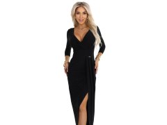 model 21723355 Elegantní dlouhé šaty s obálkovým výstřihem a rozparkem černé - numoco 2