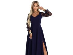 LORETTA dlouhé šaty s&nbsp;tylovými rukávy a&nbsp;výstřihem tmavě modré model 21941595 - numoco 3