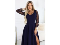 LORETTA dlouhé šaty s&nbsp;tylovými rukávy a&nbsp;výstřihem tmavě modré model 21941595 - numoco 4