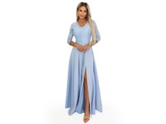 model 22040386 AMBER elegantní dlouhé krajkové šaty s&nbsp;výstřihem modré - numoco 1