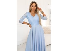 model 22040386 AMBER elegantní dlouhé krajkové šaty s&nbsp;výstřihem modré - numoco 5
