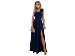 model 22043331 Elegantní večerní maxi šaty s&nbsp;rozparkem a&nbsp;růžemi tmavě modré - numoco 1