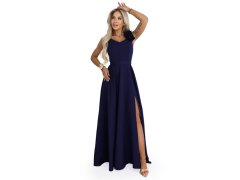 model 22043331 Elegantní večerní maxi šaty s&nbsp;rozparkem a&nbsp;růžemi tmavě modré - numoco 2