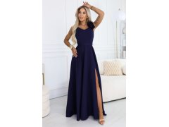 model 22043331 Elegantní večerní maxi šaty s&nbsp;rozparkem a&nbsp;růžemi tmavě modré - numoco 4