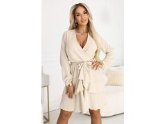 model 22102276 Smyslné mini šaty s&nbsp;obálkovým výstřihem béžové - numoco 7