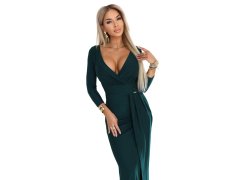 model 22112277 Elegantní dlouhé šaty s obálkovým výstřihem a rozparkem lahvově zelené - numoco 2