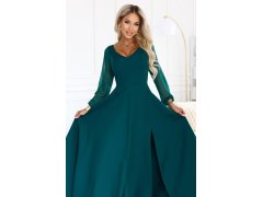LORETTA – dlouhé šaty s tylovými rukávy a výstřihem – zelené model 22312488 - numoco 7