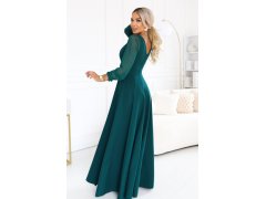 LORETTA – dlouhé šaty s tylovými rukávy a výstřihem – zelené model 22312488 - numoco 8