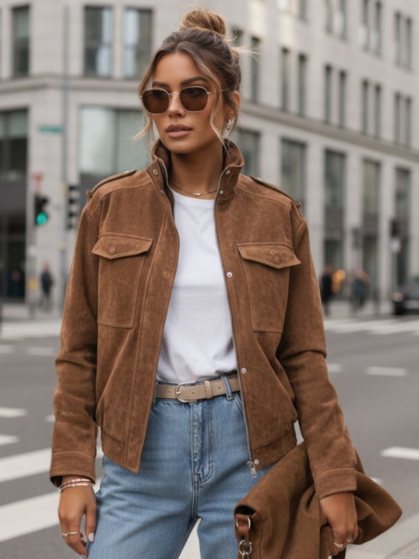 Dámská semišová bunda bomber model 22205647 hnědá - FashionStreet