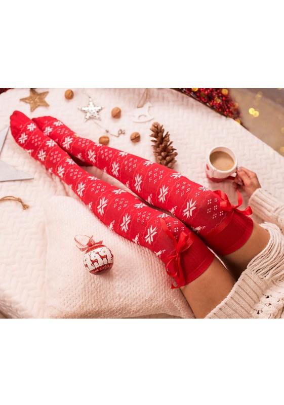 Dámské nadkolenky 1139 Vánoční s mašlí červené - Milena - Doplňky ponožky