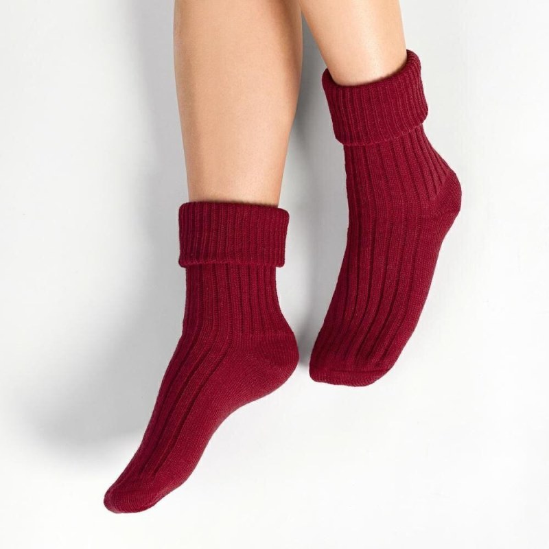 Pletené spací ponožky 067 vínové s vlnou - Doplňky čepice, rukavice a šály