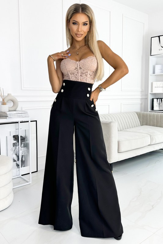 Elegantní černé dámské široké kalhoty s vysokým pasem a zlatými knoflíky 496-1 - Dámské kalhoty