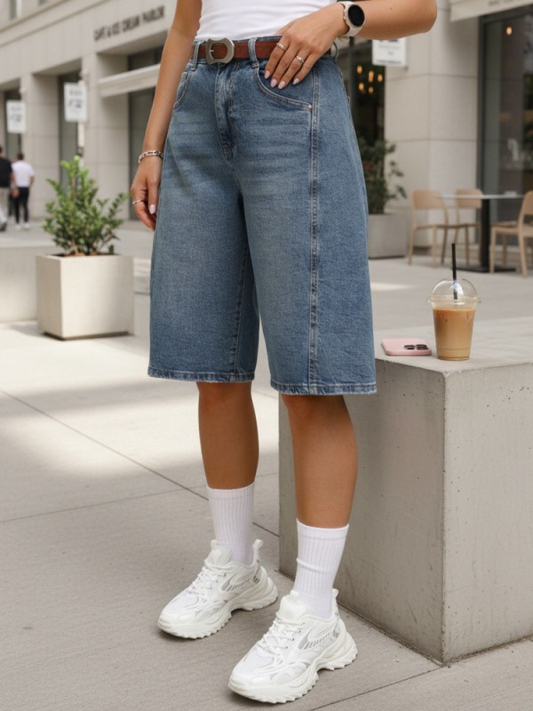 Dámské džínové šortky s páskem bermudy modré model 22346342 - FashionStreet