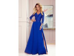 Elegantní dlouhé krajkové dámské šaty v chrpové barvě s dekoltem model 8869360 - numoco