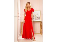 Dlouhé červené dámské šaty s volánky a dekoltem model 14557451 - numoco