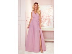 Dlouhé dámské šaty v pudrově růžové barvě s výstřihem a zavazováním model 17002029 - numoco
