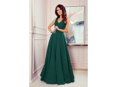CINDY - Dlouhé dámské šaty v lahvově zelené barvě s výstřihem model 17009607