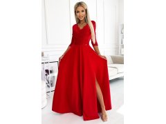 Elegantní červené dlouhé dámské krajkové šaty s výstřihem a rozparkem na model 19144269 - numoco